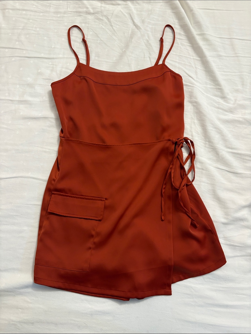 Women’s Rust Red Wrap Mini Dress with Spaghetti Straps